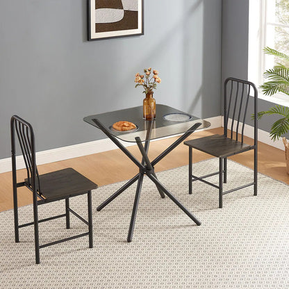 Dining Set For 2, Square Glass Tempered Dining Table With 4 Legs And 2 Metal Chair For Home Office Kitchen Dining Room, Black & Brown