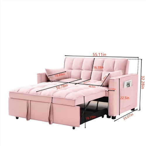Modern Velvet Loveseat Futon Sofa Couch W Pullout Bed,Small Love Seat Lounge Sofa W Reclining Backrest,Toss Pillows, Pockets,Furniture For Living Room,3 In 1 Convertible Sleeper Sofa Bed