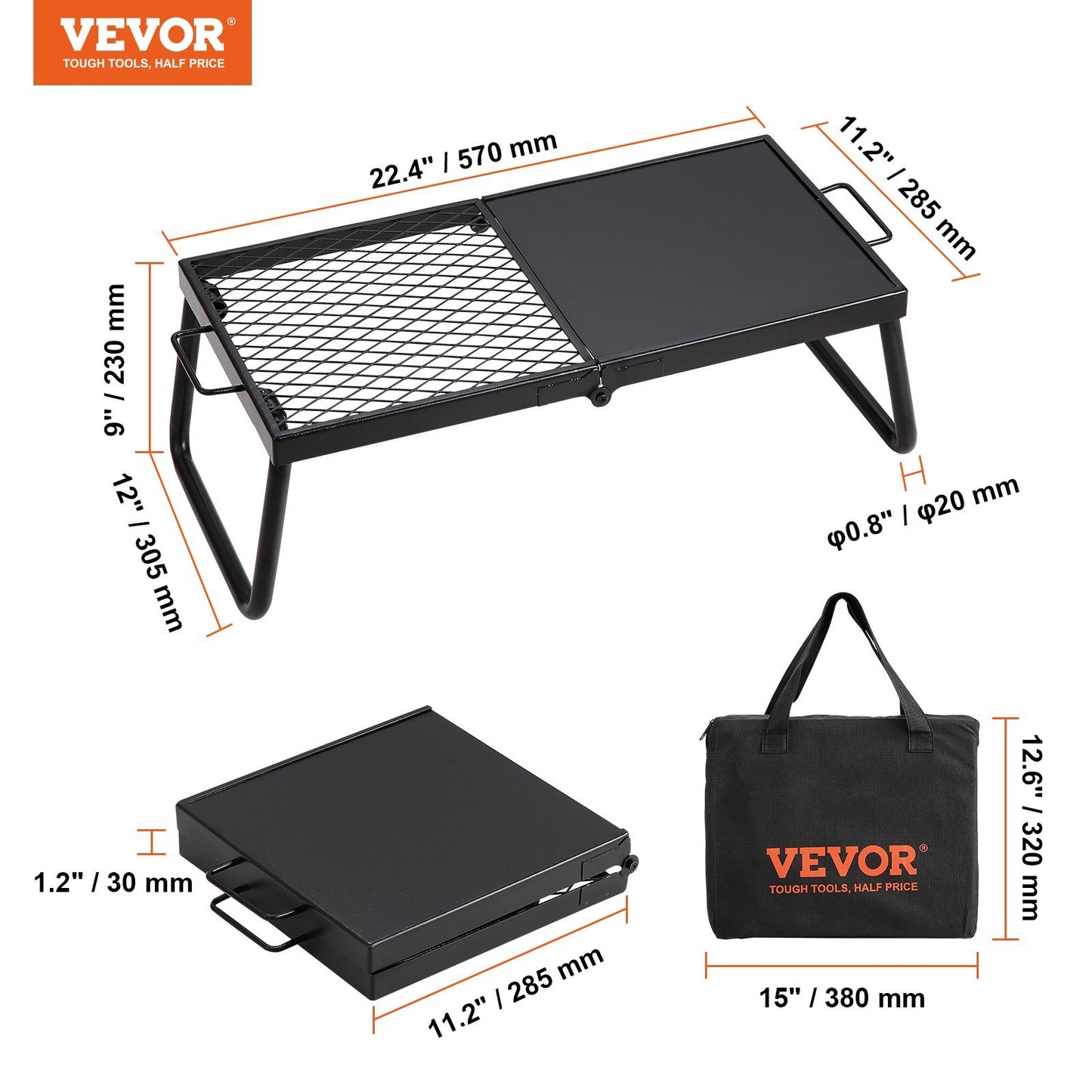 VEVOR Folding Campfire Grill, Heavy Duty Steel Mesh Grate, 22.4 Portable Camping Grates Over Fire Pit, Camp Fire Cooking Equipment With Legs Carrying Bag, Grilling Rack For Outdoor Open Flame Cooking