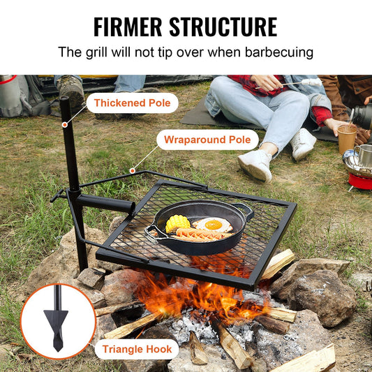 VEVOR Swivel Campfire Grill, Fire Pit Grill Grate Over Fire Pits, Heavy Duty Steel Grill Grates, 360Adjustable Open Fire Outdoor Cooking Equipment, Portable Camp Fire Racks For Camping Outdoor BBQ