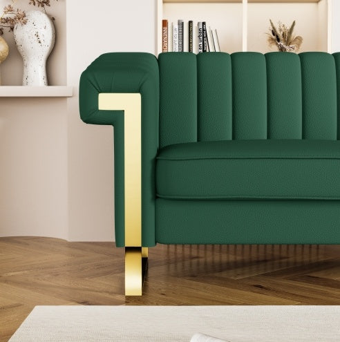 FX-P81PU-GR SOFA Modern Green PU Sofa With Gold Accents - Sleek Channel-Tufted Upholstery, 3-Seat Couch For Living Room And Office DecorTEMU Suitabl