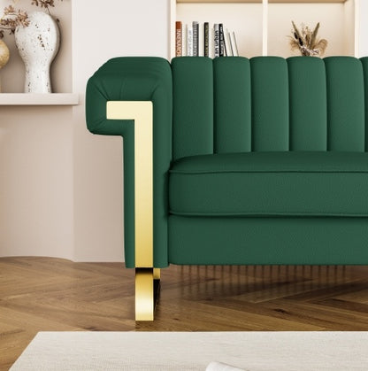 FX-P81PU-GR SOFA Modern Green PU Sofa With Gold Accents - Sleek Channel-Tufted Upholstery, 3-Seat Couch For Living Room And Office DecorTEMU Suitabl