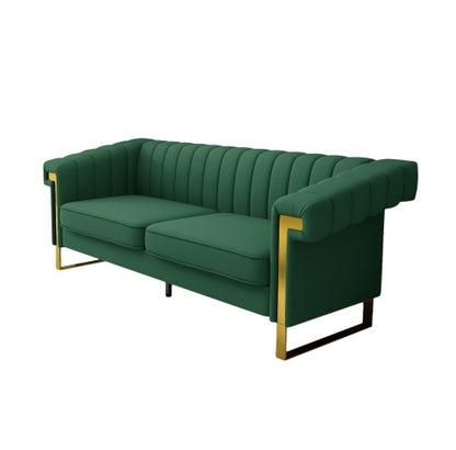FX-P81PU-GR SOFA Modern Green PU Sofa With Gold Accents - Sleek Channel-Tufted Upholstery, 3-Seat Couch For Living Room And Office DecorTEMU Suitabl