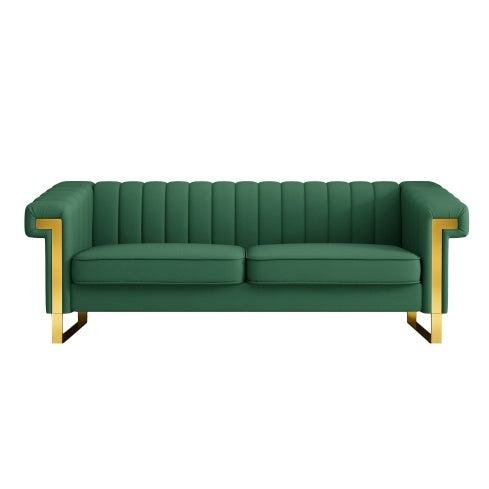 FX-P81PU-GR SOFA Modern Green PU Sofa With Gold Accents - Sleek Channel-Tufted Upholstery, 3-Seat Couch For Living Room And Office DecorTEMU Suitabl