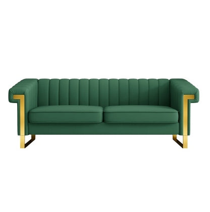 FX-P81PU-GR SOFA Modern Green PU Sofa With Gold Accents - Sleek Channel-Tufted Upholstery, 3-Seat Couch For Living Room And Office DecorTEMU Suitabl